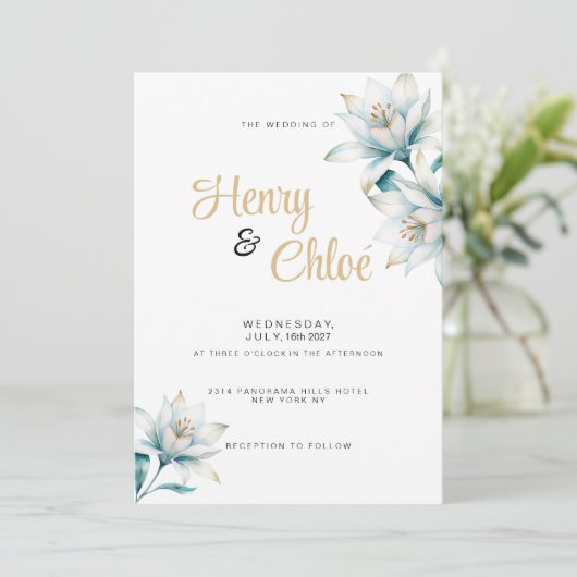 Hochzeitsfeier mit weißer Goldlilie Einladung (Stehend Vorderseite)