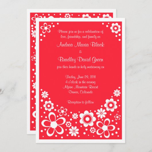 Hochzeitsfeier mit weißer und roter Flora Einladung (Vorne/Hinten)