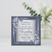 Hochzeitsfeier Navy Blauer Blumenrahmen Silver Mod Einladung (Stehend Vorderseite)