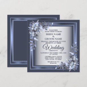 Hochzeitsfeier Navy Blauer Blumenrahmen Silver Mod Einladung