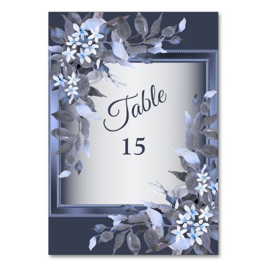Hochzeitsfeier Navy Blue Floral Silver Grau Tischnummer (Rückseite)