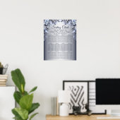 Hochzeitsfeier Navy Blue Floral Silver Gray Elegan Poster (Heimbüro)
