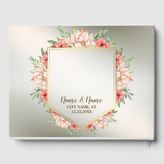 Hochzeitsfeier Peach Orange Bloral Bronze Rustikal Gästebuch (Rückseite)