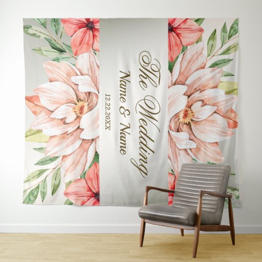 Hochzeitsfeier Peach Orange Blume Blätter Rustikal Wandteppich (Beispiel (Horizontal))