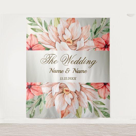 Hochzeitsfeier Peach Orange Blume Blätter Rustikal Wandteppich (Vorderseite)