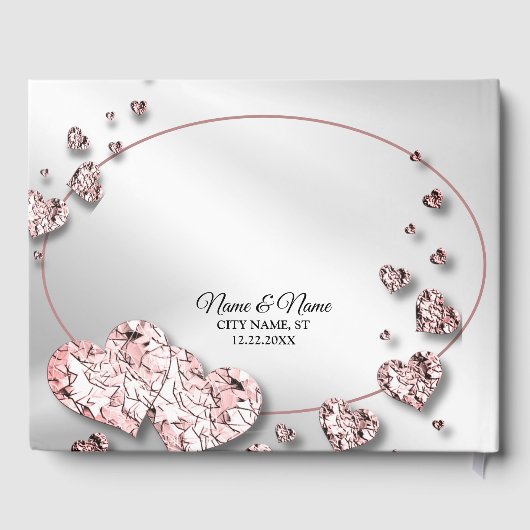 Hochzeitsfeier Pink Peach Shiny Hearts Geometric Gästebuch (Rückseite)