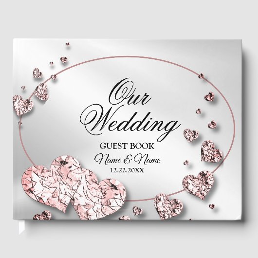 Hochzeitsfeier Pink Peach Shiny Hearts Geometric Gästebuch (Vorderseite)