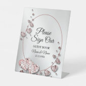 Hochzeitsfeier Pink Peach Shiny Hearts Geometric Sockelschild (Vorderseite)