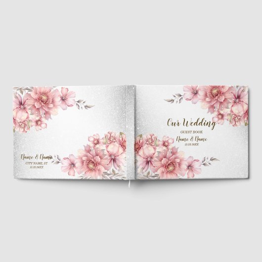 Hochzeitsfeier Pink Wasserfarbe Blume Shiny Glitze Gästebuch (Voll)