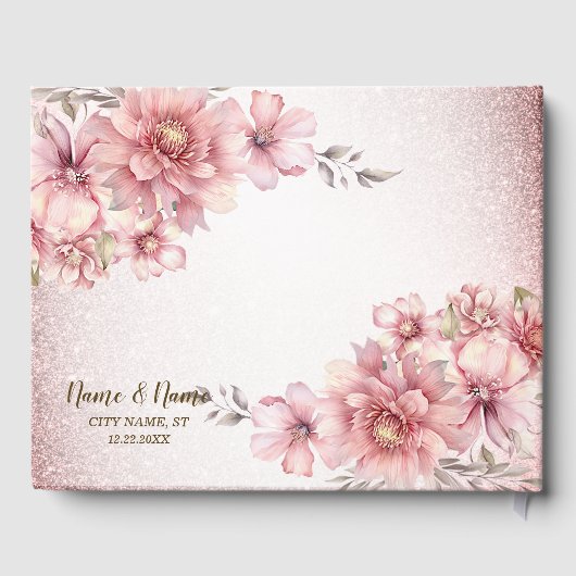 Hochzeitsfeier Pink Wasserfarbe Blume Shiny Glitze Gästebuch (Rückseite)