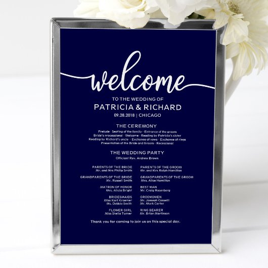 Hochzeitsfeier Programm Board Chic Navy Blue Poster