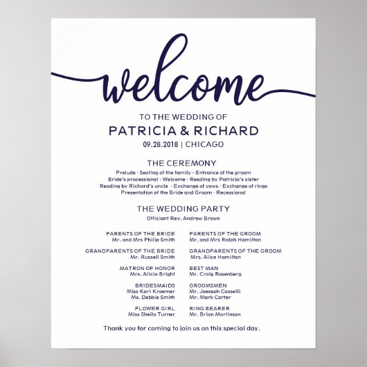 Hochzeitsfeier Programm Chic Navy Blue Poster (Vorne)