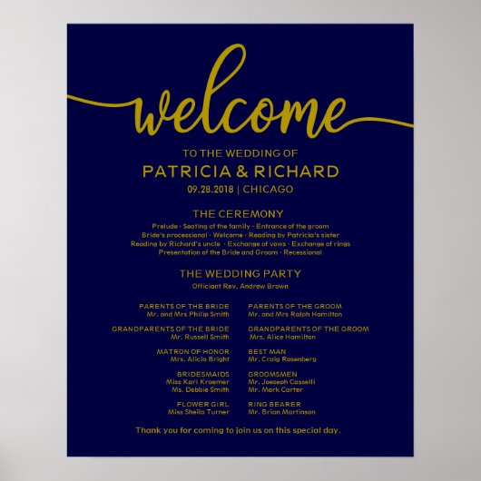 Hochzeitsfeier Programm Gold Navy Blue Poster (Vorne)