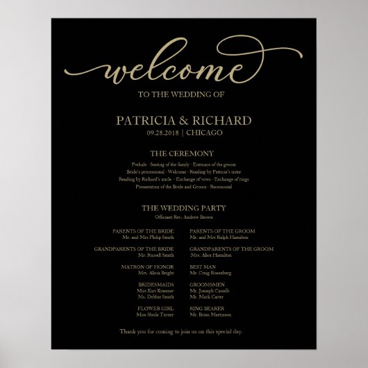 Hochzeitsfeier Programm Gold Script Black Sign Poster (Vorne)