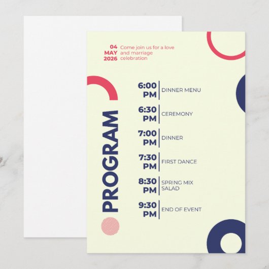 Hochzeitsfeier-Programm – Modern Rot & Navy Ci Programm (Vorne/Hinten)