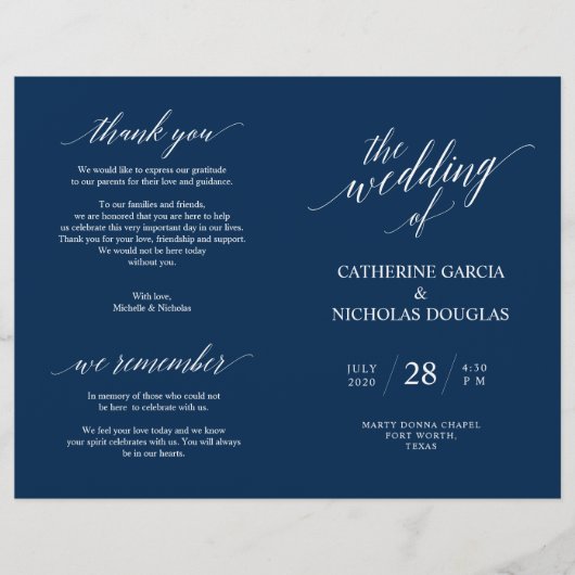 Hochzeitsfeier Programm Moderne Elegance Navy Blue (Vorderseite)