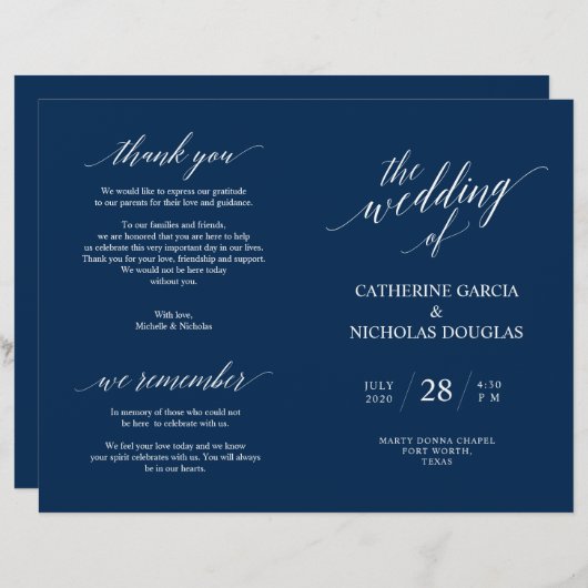 Hochzeitsfeier Programm Moderne Elegance Navy Blue (Vorne/Hinten)