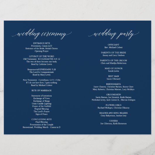 Hochzeitsfeier Programm Moderne Elegance Navy Blue (Rückseite)