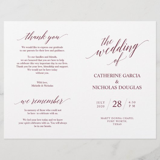 Hochzeitsfeier Programm Moderne Eleganz Burgund (Vorderseite)