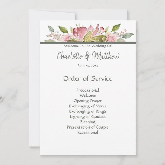 Hochzeitsfeier Programm Wasserfarbe Rosen (Vorderseite)