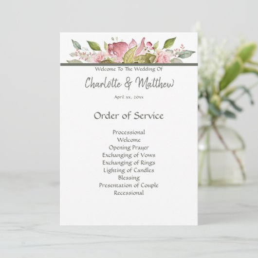 Hochzeitsfeier Programm Wasserfarbe Rosen (Stehend Vorderseite)