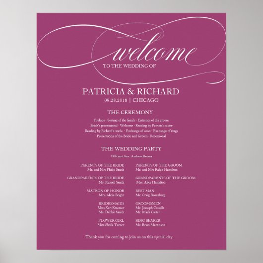 Hochzeitsfeier Programmvorstand Rosa Cassis Poster (Vorne)