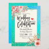 Hochzeitsfeier Rosa Aquamarine Blütengoldkonfetti Einladung (Vorne/Hinten)