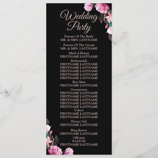 Hochzeitsfeier Rosa Bläserschwarze Moderne Programm (Rückseite)