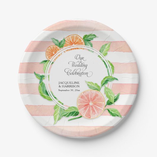 Hochzeitsfeier Rosa Streifen Zitrus Orange Art Pappteller (Vorderseite)