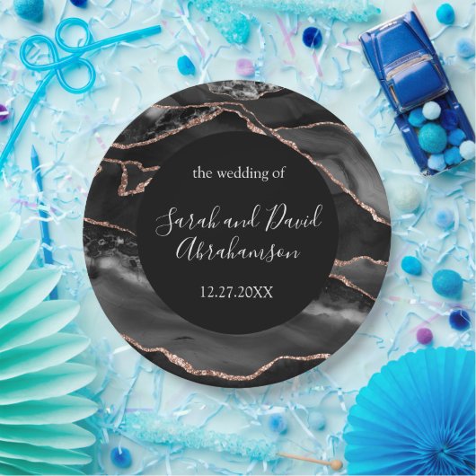 Hochzeitsfeier Schwarz und Rose Gold Glitzer Agate Pappteller (Party)