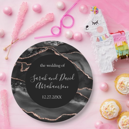 Hochzeitsfeier Schwarz und Rose Gold Glitzer Agate Pappteller (Party)