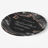 Hochzeitsfeier Schwarz und Rose Gold Glitzer Agate Pappteller (Schrägansicht)