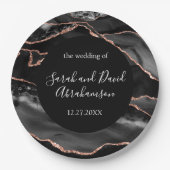 Hochzeitsfeier Schwarz und Rose Gold Glitzer Agate Pappteller (Vorderseite)