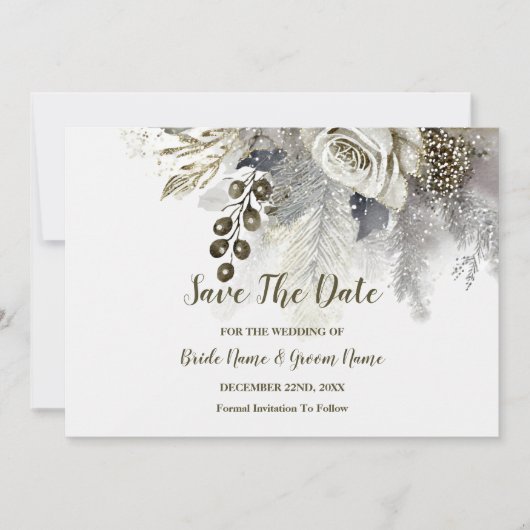 Hochzeitsfeier Silver Golden White Roses Blume Save The Date (Vorderseite)