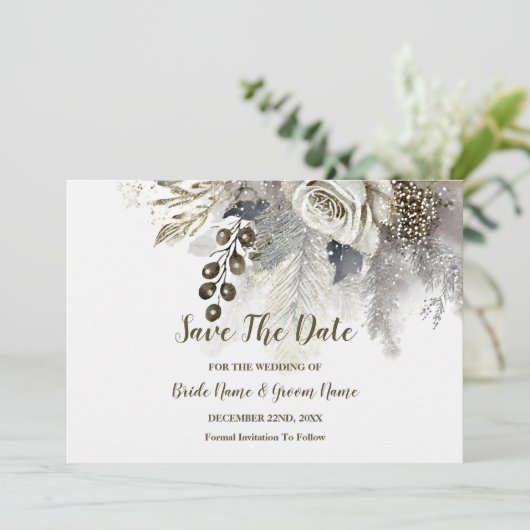 Hochzeitsfeier Silver Golden White Roses Blume Save The Date (Stehend Vorderseite)