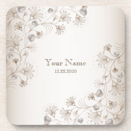Hochzeitsfeier Tan Blumen Herz Beige Elegant Getränkeuntersetzer