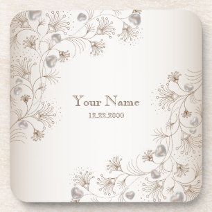Hochzeitsfeier Tan Blumen Herz Beige Elegant Getränkeuntersetzer