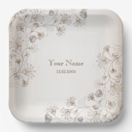 Hochzeitsfeier Tan Blumen Herz Beige Elegant Pappteller