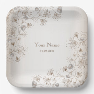 Hochzeitsfeier Tan Blumen Herz Beige Elegant Pappteller