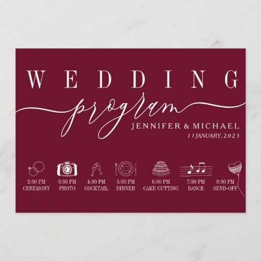 Hochzeitsfeier Timeline Planung einfache Bordeaux Programm (Vorderseite)