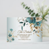Hochzeitsfeier Türkis Weiße Blume Goldene Blätter Begleitkarte (Stehend Vorderseite)