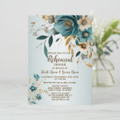 Hochzeitsfeier Türkis Weiße Blume Goldene Blätter Einladung (Stehend Vorderseite)