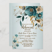 Hochzeitsfeier Türkis Weiße Blume Goldene Blätter Einladung (Vorne/Hinten)
