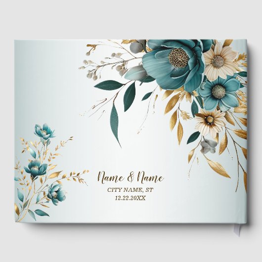 Hochzeitsfeier Türkis Weiße Blume Goldene Blätter Gästebuch (Rückseite)