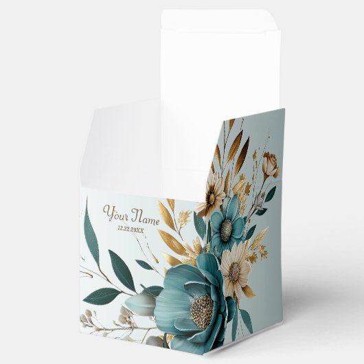 Hochzeitsfeier Türkis Weiße Blume Goldene Blätter Geschenkschachtel (Geöffnet)