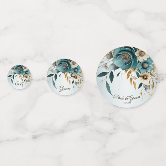 Hochzeitsfeier Türkis Weiße Blume Goldene Blätter Konfetti (Rückseiten)