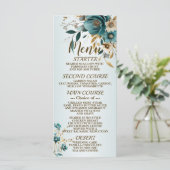 Hochzeitsfeier Türkis Weiße Blume Goldene Blätter Menükarte (Stehend Vorderseite)