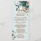 Hochzeitsfeier Türkis Weiße Blume Goldene Blätter Menükarte (Vorderseite)