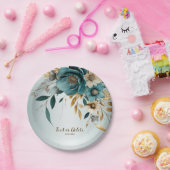 Hochzeitsfeier Türkis Weiße Blume Goldene Blätter Pappteller (Party)