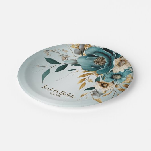Hochzeitsfeier Türkis Weiße Blume Goldene Blätter Pappteller (Schrägansicht)